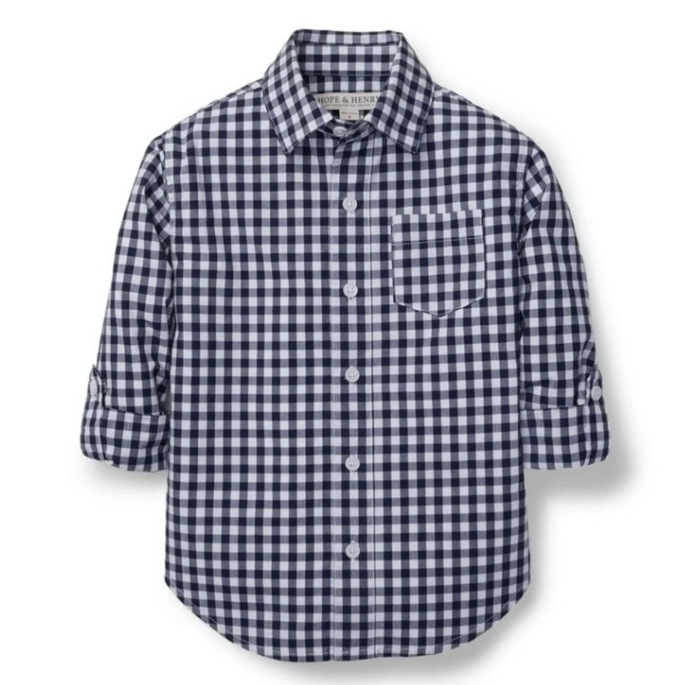 Hope and Henry Kids Organic Poplin Button Down Navy Gingham Shirt Size XXS
